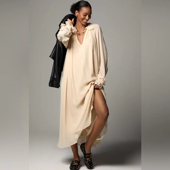 NWT ANTHROPOLOGIE Long Sleeve Sheer Pleated Maxi Dress Neutral‎ XS-M - Picture 16 of 16